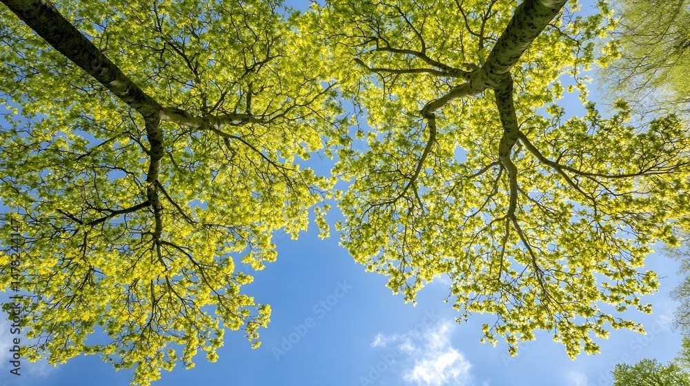 Fototapeta premium Stunning Springtime Canopy Two Trees Blue Sky