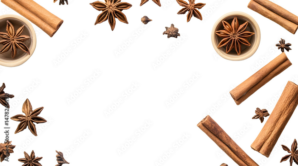 Close-up macro photography of aromatic sweet spices - cinnamon, star anise and cloves, wooden surface