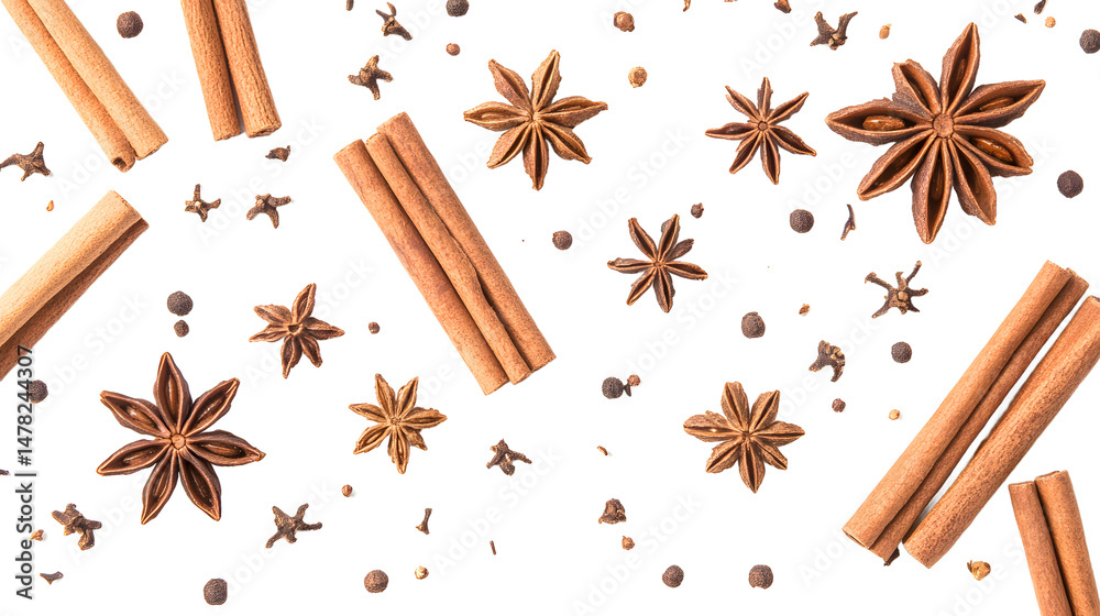 Close-up macro photography of aromatic sweet spices - cinnamon, star anise and cloves, wooden surface