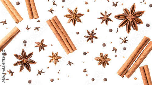 Obraz na płótnie Close-up macro photography of aromatic sweet spices - cinnamon, star anise and cloves, wooden surface
w salonie
