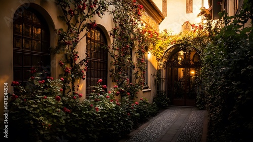 Sunlit Courtyard with Roses and Old Stone Walls