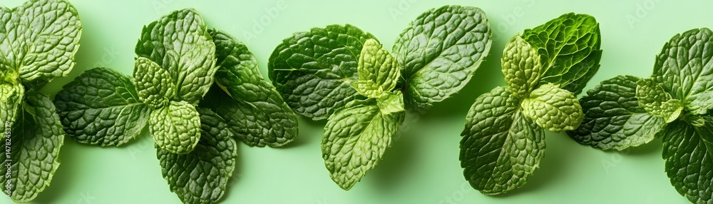 Fototapeta premium Fresh mint leaves arranged on a pale background.