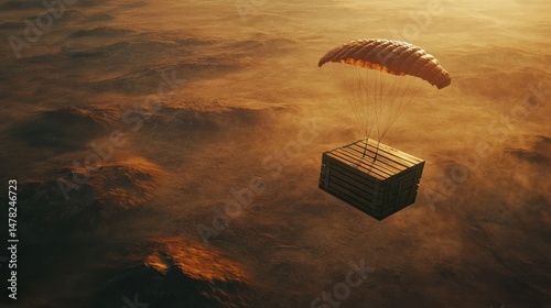 A parachuting crate descends through a surreal landscape at sunset.