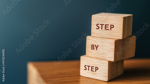 Wooden blocks showing step by step progress on desk