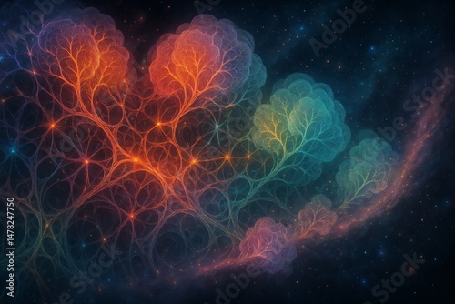 Abstract tree branches with colorful lights in a cosmic background  