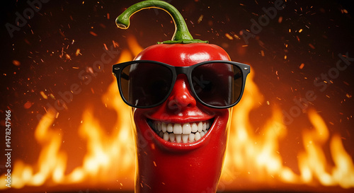 Red chili pepper character with sunglasses and smile against a fiery background, concept for spicy food, flavor, and hot cuisine.