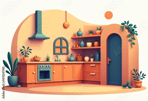 Wallpaper Mural vibrant kitchen interior with orange cabinets, green plants, and modern appliances Torontodigital.ca