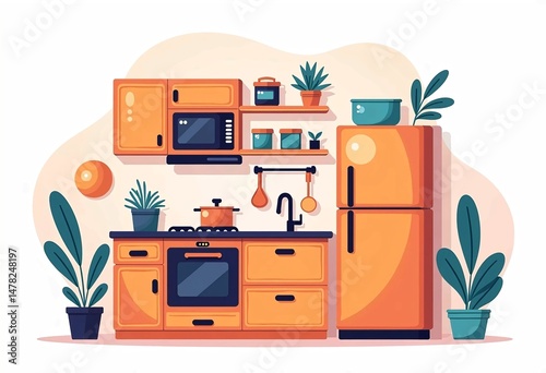 vibrant kitchen appliances with yellow cabinets and greenery photo