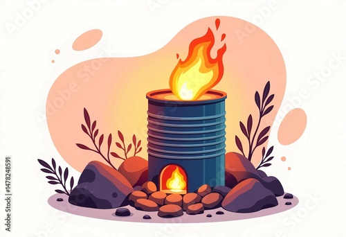 hand drawn illustration of barrel with flames burning inside photo