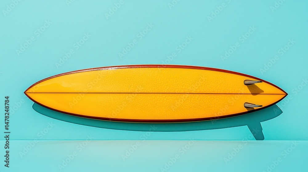 Fototapeta premium Sunny surfboard. Bright and sleek. On cyan background