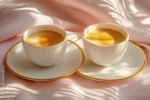 Two delicate espresso cups, bathed in sunlight, on a soft pink surface