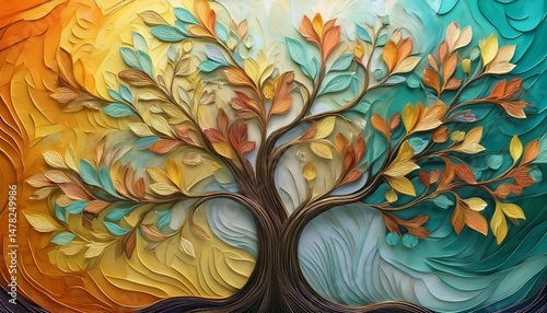 wallpaper tree painting in colorful wall relief