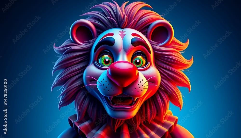 Fototapeta premium Cartoon Lion with Clown Face and Red Nose in Vivid Colors against Gradient Background Character for Kids Illustration Playful Amusement