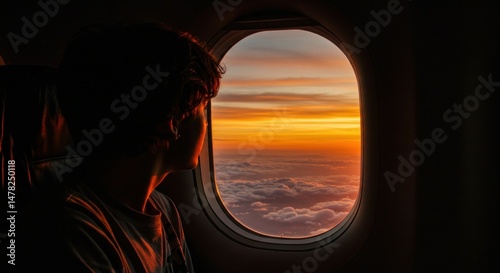 Airplane window sunset view passenger silhouette above cloudscape