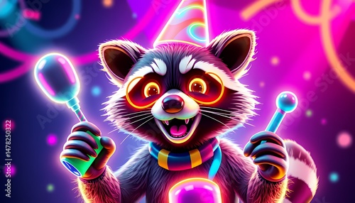 Cartoon Raccoon in Party Hat Holding Maracas on Purple Background Illustration Festive Animal Character Smiling with Neon Lighting For Celebration Decorations