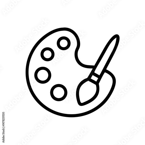 Black outline artist's palette with paint and brush on white background  