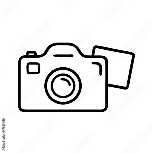 Line drawing of a digital camera with printed photo emerging  