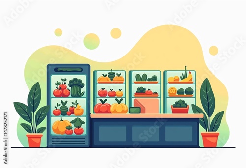 vibrant fruit display in refrigerator with greenery  healthy food illustration