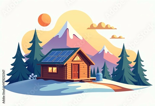 ecofriendly cabin in mountainous forest with solar panels