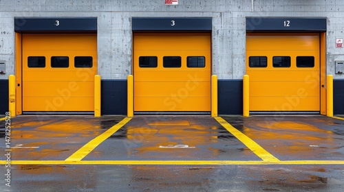 Three yellow garage doors in a concrete building facade