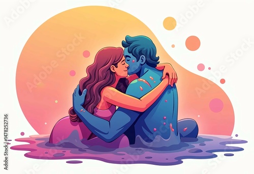 romantic couple embracing in pink and purple waters