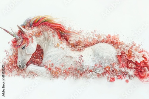 Floral unicorn rests, its body adorned with delicate blossoms and vibrant colors