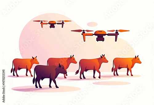 colorful illustration of drones herding cattle in pasture