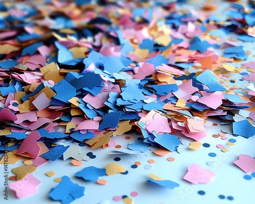 Colorful confetti pieces scattered across a white surface, creating a celebratory vibe