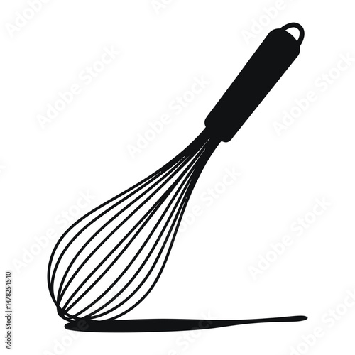 A stylized, black and white silhouette of a whisk, suitable for use in various design contexts.