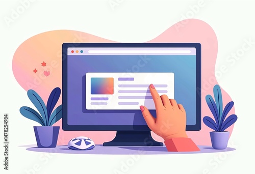 handson computer use with colorful potted plants