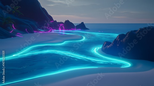 Neon Glow Beach,  Surreal Tropical Island Scene