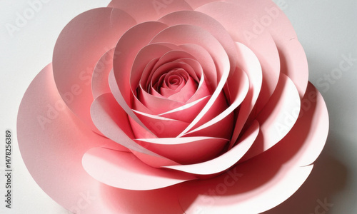 A delicate pink paper flower sits on a clean white surface, perfect for crafting and DIY projects