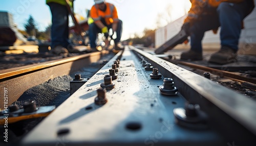 Close-up view of construction workers installing railway tracks.