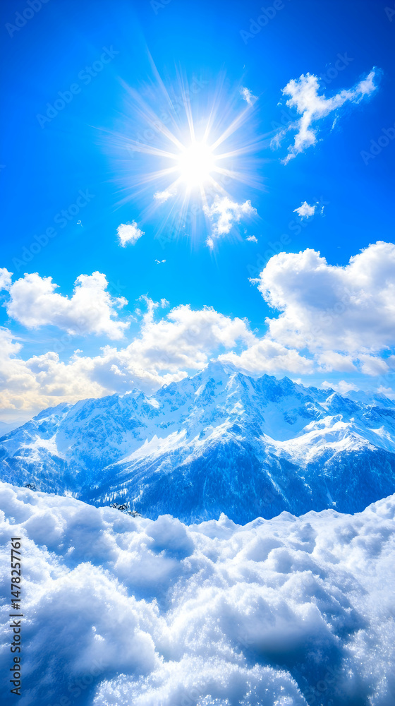Majestic mountain peaks pierce the clouds, bathed in brilliant sunlight Majestic mountain peaks pierce the clouds, bathed in brilliant sunlight