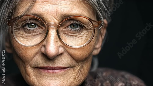 Video of elderly woman with glasses looking calmly into camera, close-up of her wrinkled face and clear eyes. Suitable for concepts of aging, wisdom, family, healthcare or senior lifestyle content.   photo