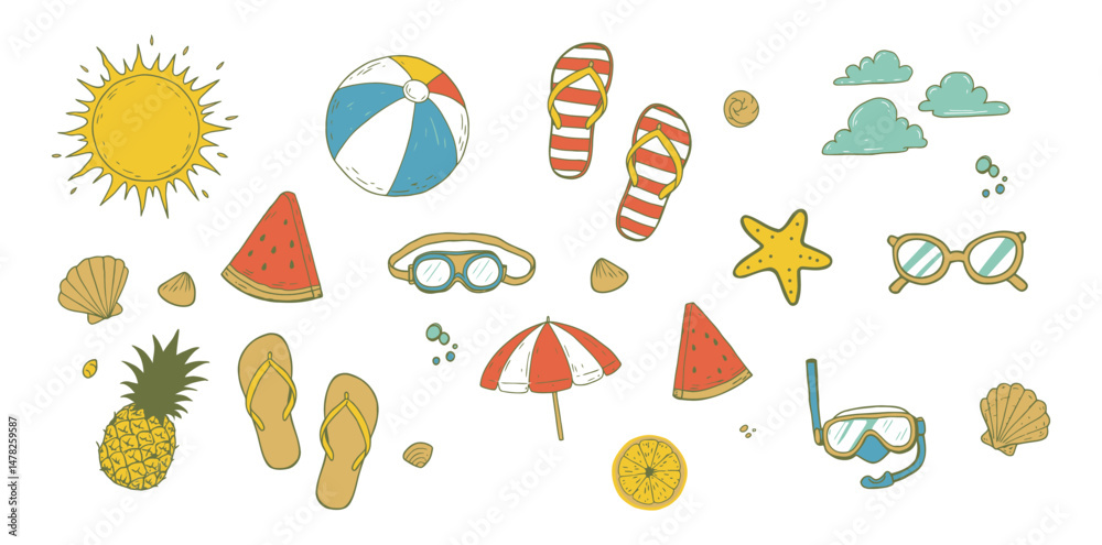 Fototapeta premium Vibrant Summer Themed Vector Illustration with Beach Elements and Seasonal Fruit