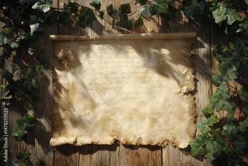 Aged parchment scroll displayed on weathered wooden planks.