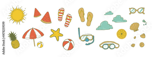 Vibrant Summer Themed Vector Illustration with Beach Elements and Seasonal Fruit