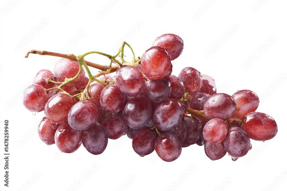Fototapeta premium A bunch of red grapes, glistening with water droplets, sits against a stark white background.