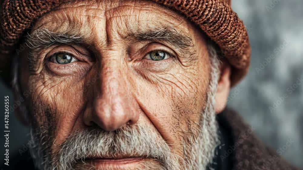 Video of elderly man with grey beard and knitted hat looking calmly into camera. Suitable for themes of aging, character, resilience or rural life. Video of elderly man with grey beard and knitted hat looking calmly into camera. Suitable for themes of aging, character, resilience or rural life.