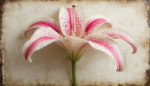 Pink and white lily on aged paper