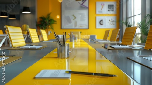 flat design meeting table with strategy docs gray and yellow on docs .