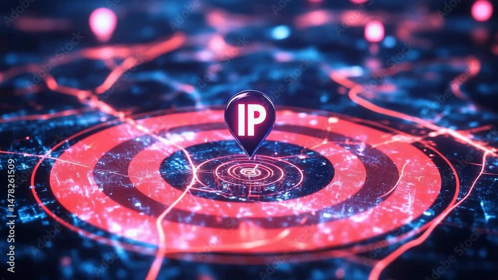 Futuristic visualization of a city map with neon pink and blue lines connecting points, highlighting a central IP address pin. Concept of internet tracking, cybersecurity and data networks