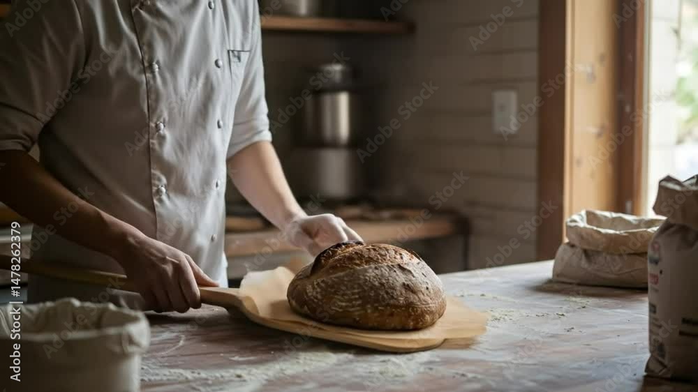 A baker presenting a freshly baked loaf of bread on a wooden peel in a rustic bakery setting indoors