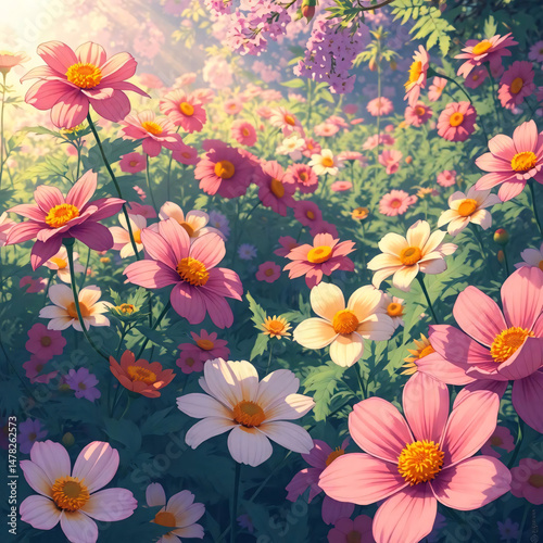 Vibrant colorful flower garden with visible brushstrokes and soft lighting – artistic impressionist style painting
