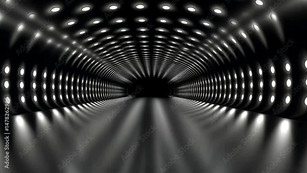 Dark tunnel with glowing lights creating a futuristic, receding perspective