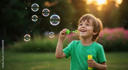 Joyful boy blowing bubbles in sunlight outdoor playtime
