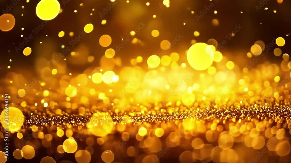 Glittering gold bokeh lights and sparkles on a dark background create a luxurious, festive atmosphere