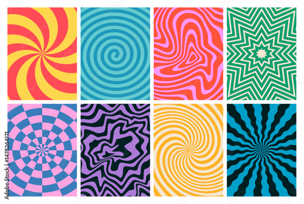 Retro Groovy Swirl Patterns. Wave Abstract Vector Backgrounds. Psychedelic Trippy Graphics. Fun Retro Geometric Textures