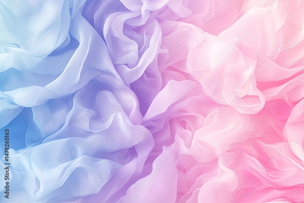 Soft, flowing fabric in pastel shades. Delicate, smooth, and textured folds of sheer, vibrant fabric in a gradient of pastel colours; light blue, lavender, and pink hues Soft, flowing fabric in pastel shades. Delicate, smooth, and textured folds of sheer, vibrant fabric in a gradient of pastel colours; light blue, lavender, and pink hues